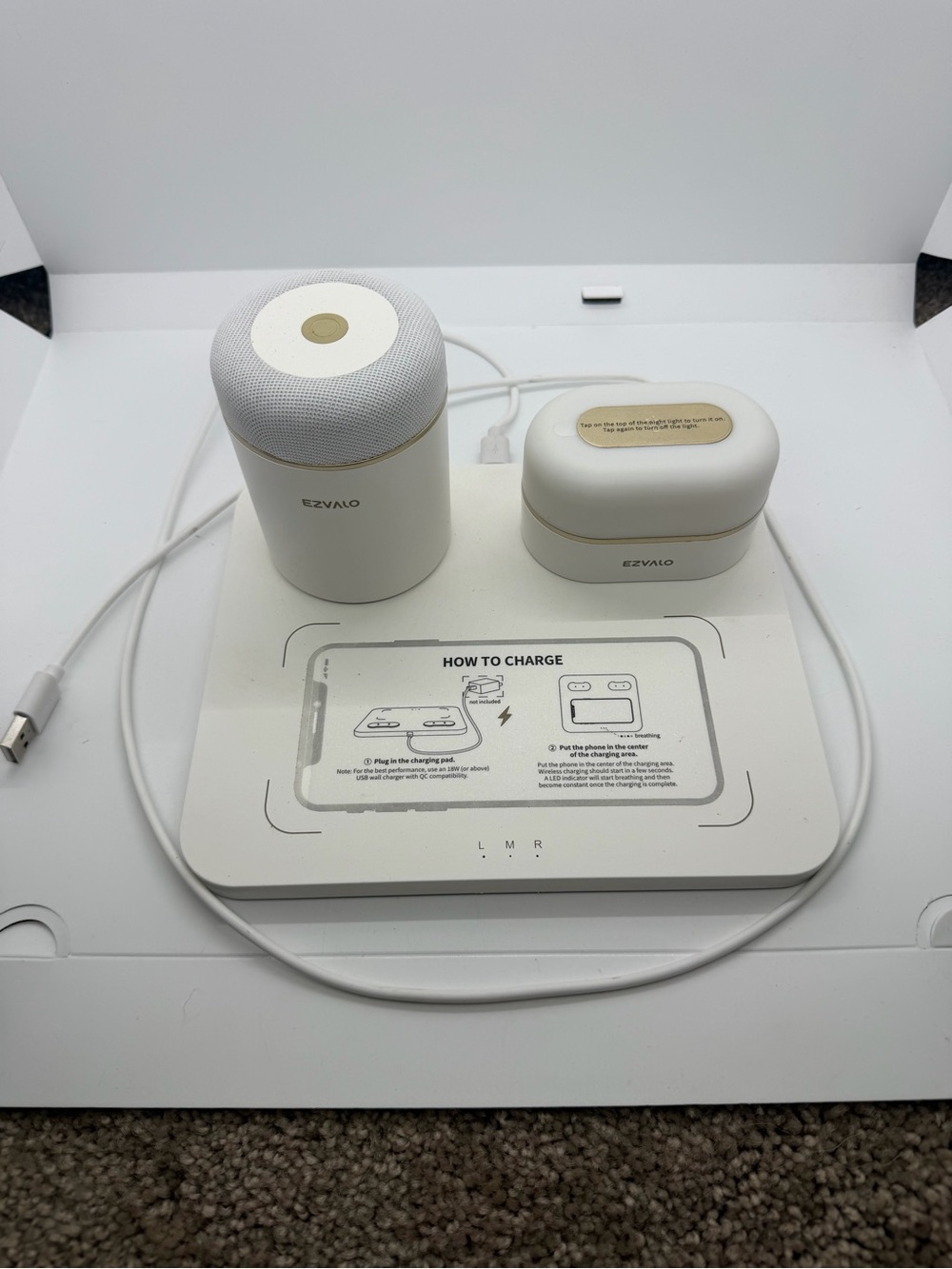 EZVALO White & Rose Gold Bluetooth Speaker and Wireless Charger and Light set